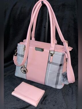 KKXIU Pink & White Satchel Purse + Matching Wallet – New